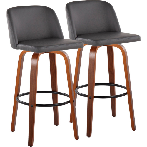 Toriano 30" Swivel Bar Stool in Walnut Wood & Grey Leatherette with Black Footrest (Set of 2)
